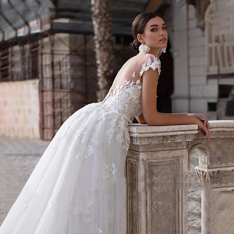 Mermaid Wedding Dresses Women Cap Sleeves Backless Lace Appliques Bridal Gown Detachable Train Vestidos De Novia-payinti