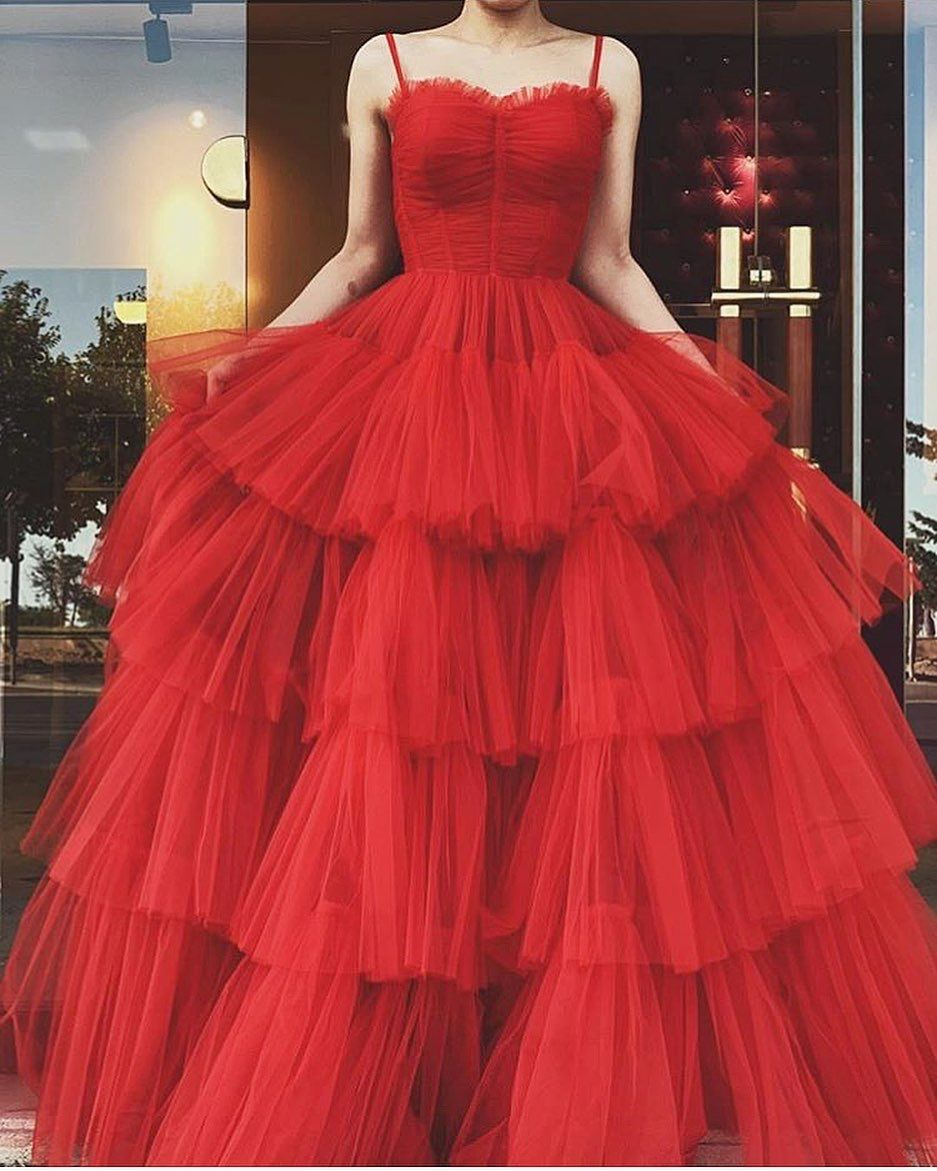 A-Linie Spaghettiträger Rot Tüll Stufen Ballkleid Rotes Abendkleid Y4644