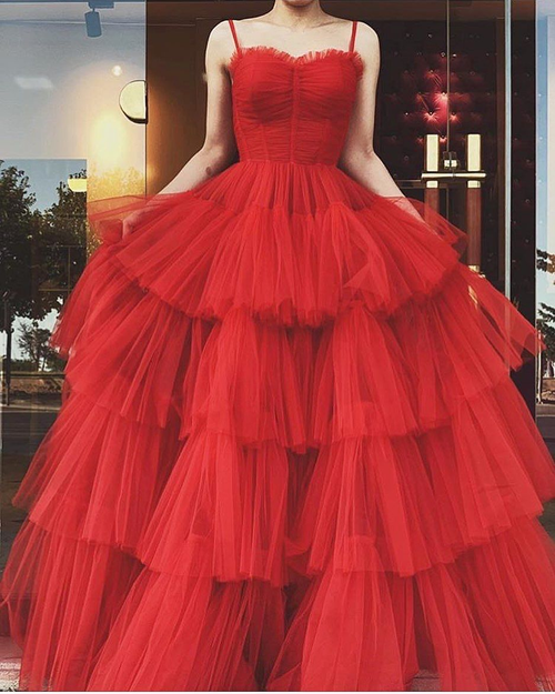 Vestido de fiesta rojo con tirantes finos, corte A y tul escalonado, vestido de noche rojo Y4644