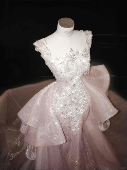 Glamoroso vestido de fiesta de sirena con cuentas de tul lavanda, vestido de noche formal Y8669