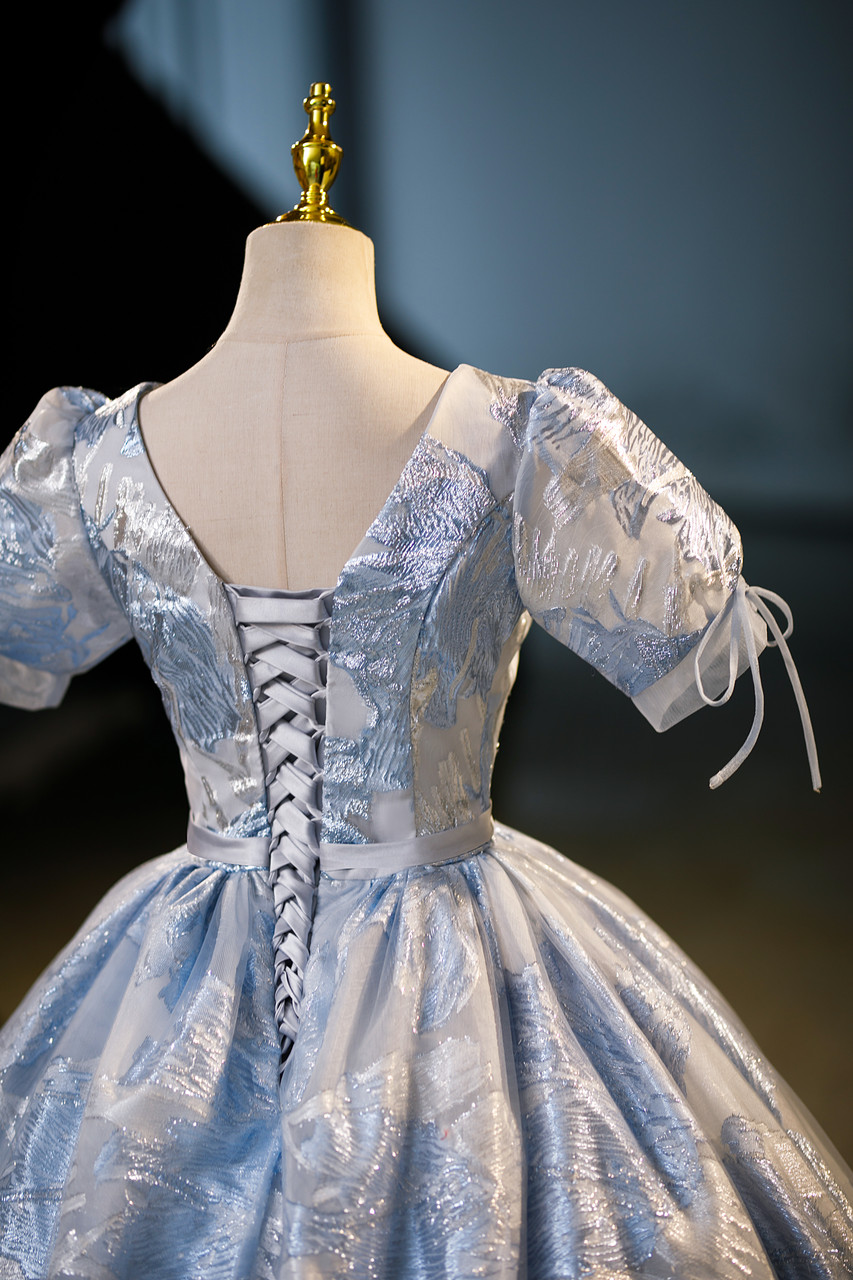 Elegante vestido de quinceañera con estampado azul, corte A, Y7678