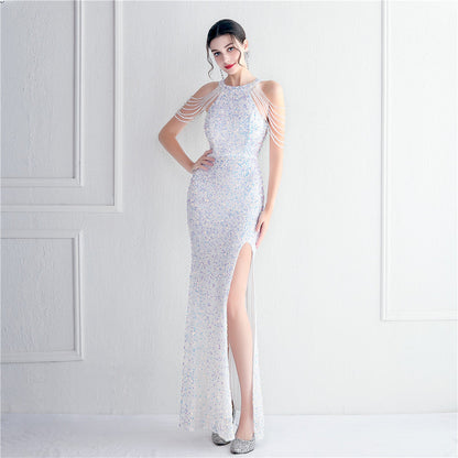 Heavy Industry Micro Glass Bead Craft Beaded Cocktail Evening Dress Elegant Long Halter Split Sequ