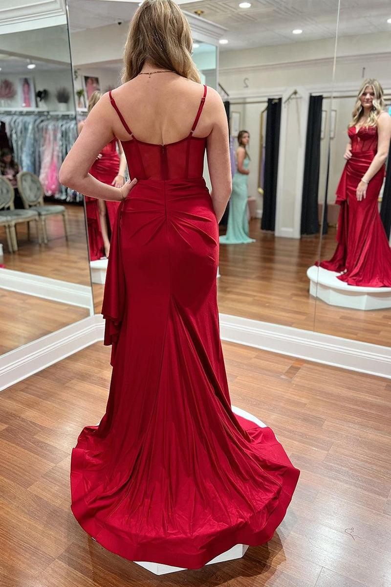 Vestidos de fiesta largos de sirena con escote en forma de corazón de satén rojo oscuro y abertura
