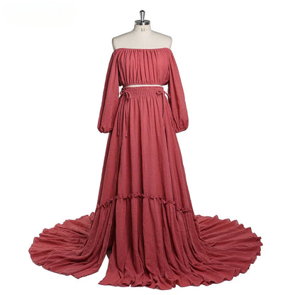 Off Shoulder Two Pieces Gown Beach Maternity Dresses Long Sleeves Photography Dress Baby Shower Dress SY211203