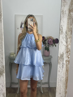 Vestido corto de fiesta con capas y cuello halter de organza azul sencillo, vestido de regreso a casa Y8089