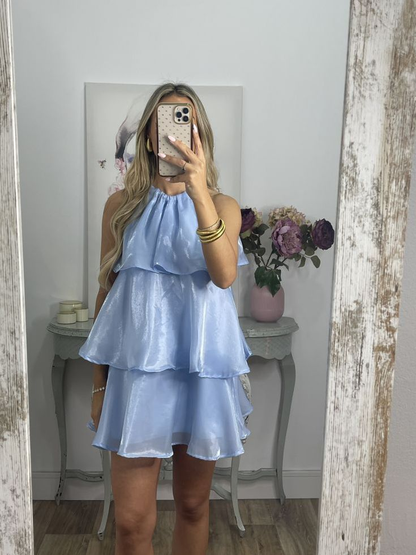 Schlichtes blaues Organza Neckholder Mini Ballkleid Homecoming Kleid Y8089
