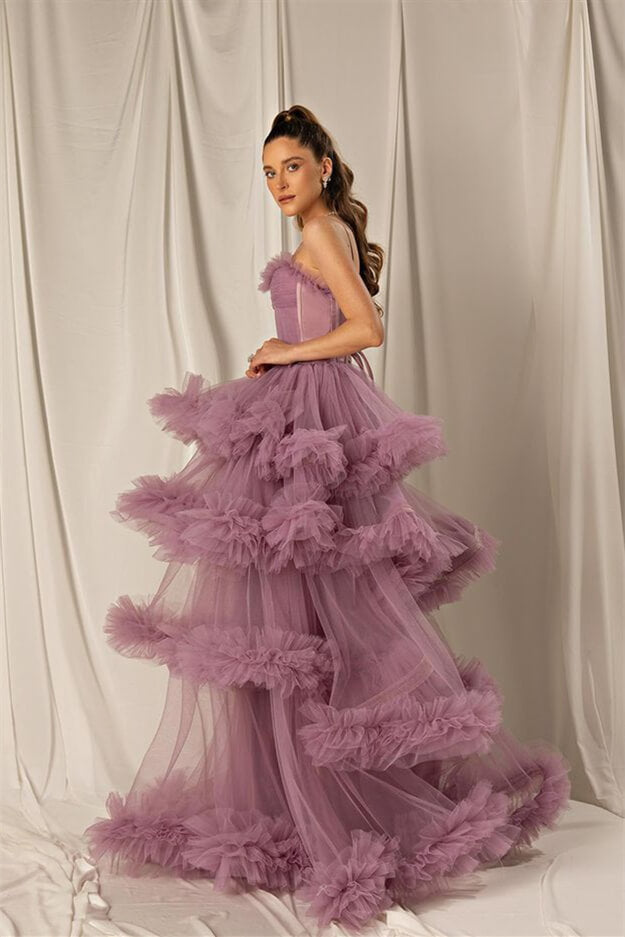 Tulle A-line Tiered Spaghetti-Straps Long Prom Dress