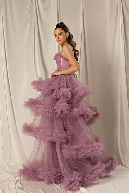 Tulle A-line Tiered Spaghetti-Straps Long Prom Dress