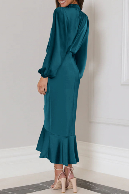 Elegant Solid Flounce Fold Turtleneck Evening Dress