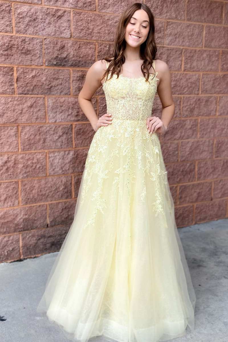 Laylah | A-Linien-Ballkleid mit Schnürung und gelber Tüllapplikation