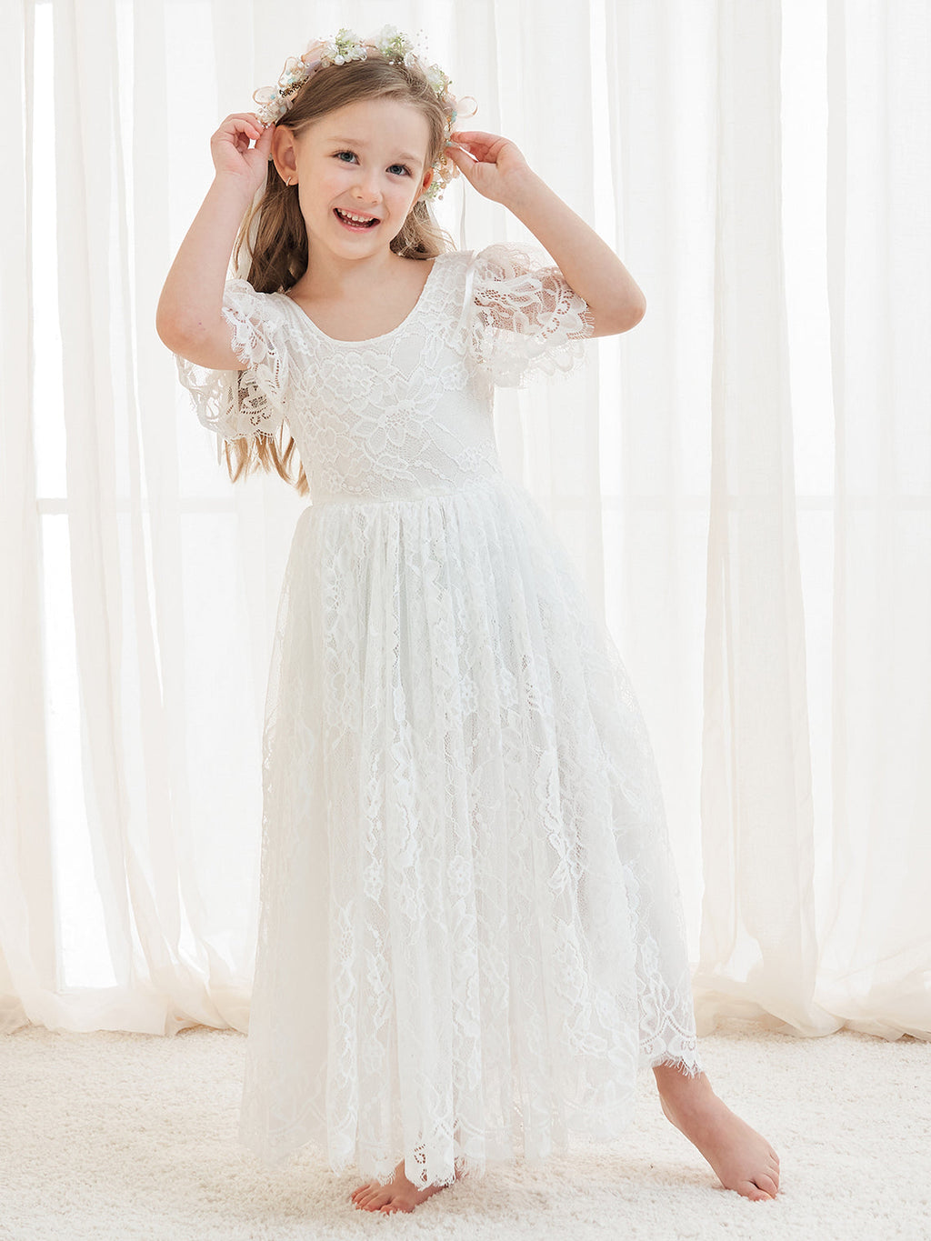 A-Linien-Spitze Knöchellanges Elfenbein Boho Blumenmädchenkleid 