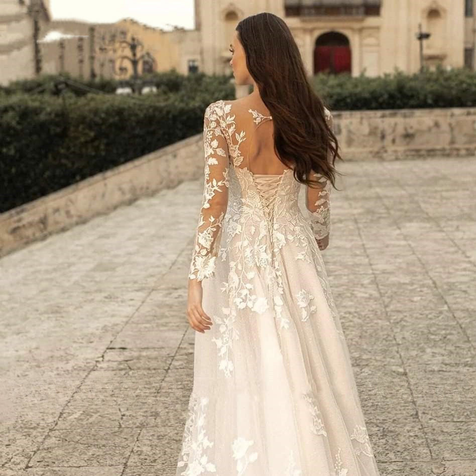 Elegant Round Neck Wedding Dresses 2023 Lace Long Sleeve Decal A-line Fashion Women's Bridal Dress Robe Back Strap Design De-payinti
