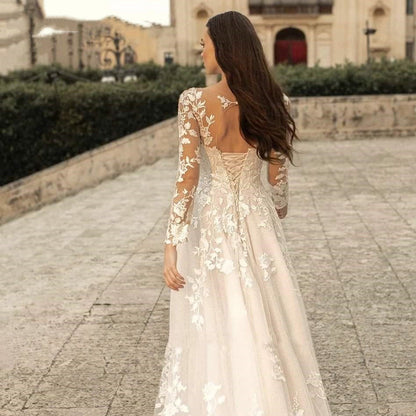 Elegant Round Neck Wedding Dresses 2023 Lace Long Sleeve Decal A-line Fashion Women's Bridal Dress Robe Back Strap Design De-payinti
