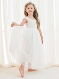 Vestido blanco de tul con encaje y corte en A hasta los tobillos (2003227597)