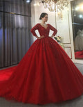 Vestido de novia de tul rojo con escote en V, manga larga, apliques y cuentas, vestido de gala Y53