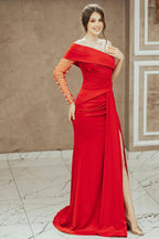 Vestido de fiesta rojo de sirena con un solo hombro, abertura y lentejuelas