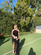 Neuankömmling Stufen-Tüll Schwarz Ballkleid, Langes Abendkleid Y1993