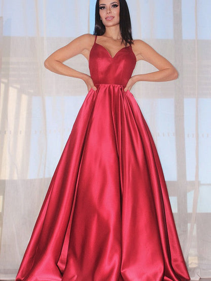 Long A-line Spaghetti Straps Satin Backless Prom Dresses with Pockets