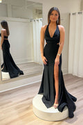 Vestidos de fiesta largos de sirena con escote halter y abertura en el cuello, color negro