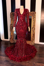 Pailletten Meerjungfrau Bodenlangen Ballkleid Burgund Lange Ärmel
