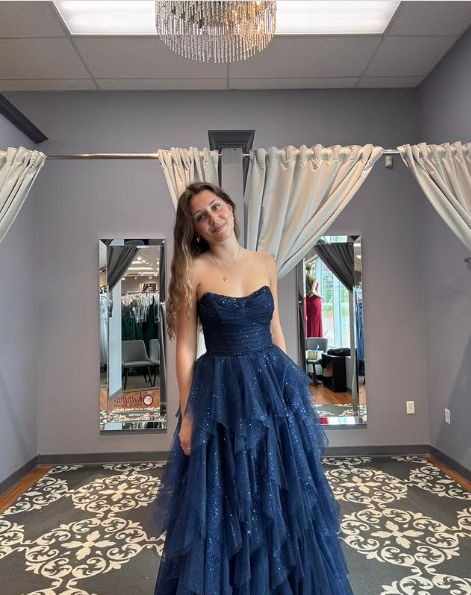 Glitzerndes Tüll-Pailletten-Abendkleid in Marineblau, A-Linie, Ballkleid Y8146