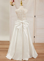 A-Linie Spitze Satin Bodenlang Erstkommunionkleid für Blumenmädchen 