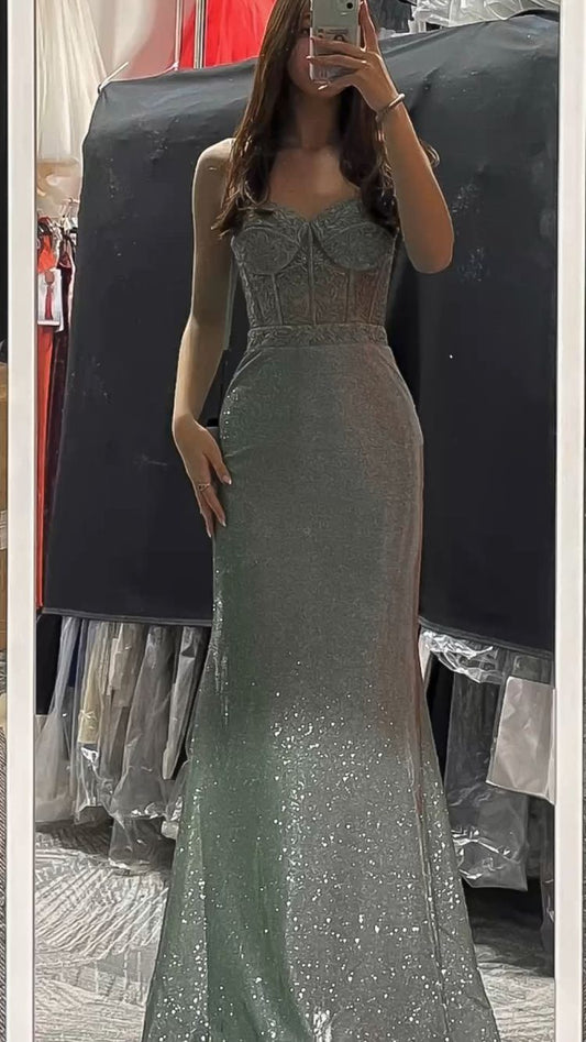 Glitzerndes graues Meerjungfrau-Ballkleid, elegantes graues Abendkleid Y1838