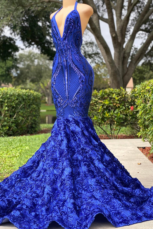 Royal Blue V-Neck Mermaid Prom Dress with Halter Neckline and Open Back