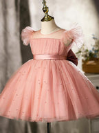 Duchesse-Linie/Princess-Linie Tüll Knielang Perlenrosa Blumenmädchenkleid 
