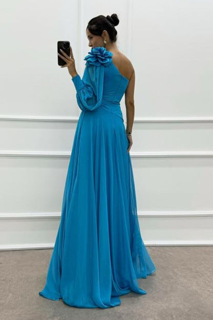One Sleeve Shoulder Detail Design Evening Dress