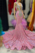 Sexy langes Meerjungfrau-Abendkleid mit V-Ausschnitt und Pailletten