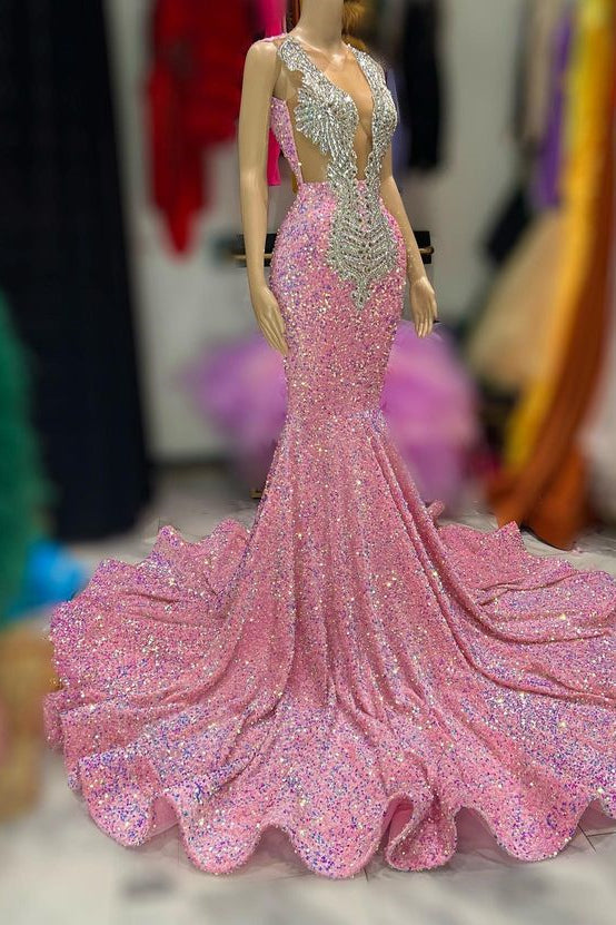 Sexy langes Meerjungfrau-Abendkleid mit V-Ausschnitt und Pailletten