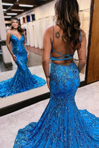Blaues Ballkleid mit Pailletten und Applikationen, Meerjungfrau, ärmellos, Spaghettiträger 
