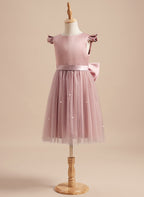 A-Linie Satin Tüll Knielanges Altrosa Kleid (2003227179) 