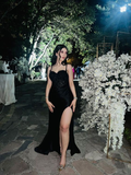 Sexy Meerjungfrau Satin Langes Ballkleid Schwarze Spitze Schlitz Abendkleid Y7646