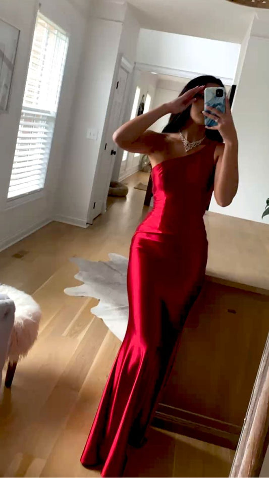 Vestido de fiesta largo de satén rojo con un solo hombro, vestido de noche glamuroso Y431