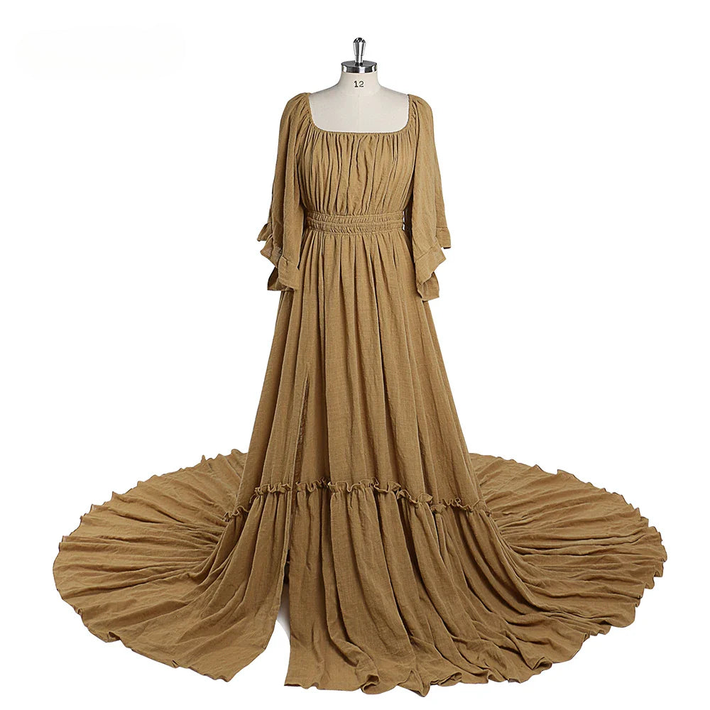 Elegantes vestidos de maternidad con hombros descubiertos, mangas largas y aberturas laterales para sesiones de fotos, accesorios de fotografía para baby shower SY211029 