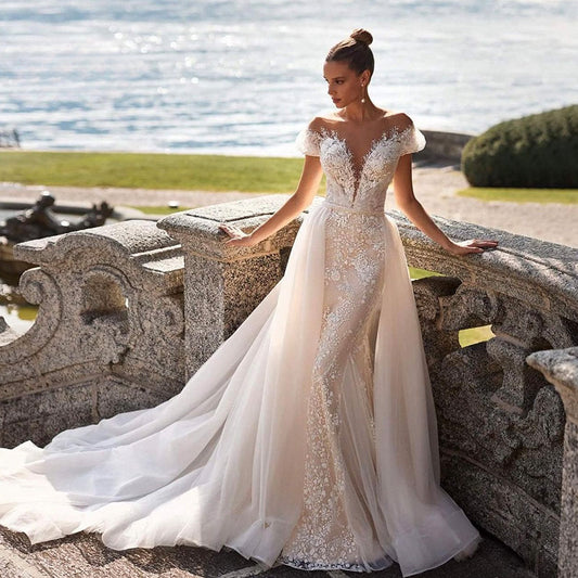 Luxury Detachable 2 In 1 Wedding Mermaid Dress Embroidered Lace On Net With Square Collar Sleeveless Bride Gowns Vestido De Novi-payinti