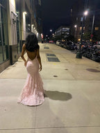 Vestido de noche romántico de sirena con encaje, sin mangas y espalda descubierta en rosa, con cola Y1490