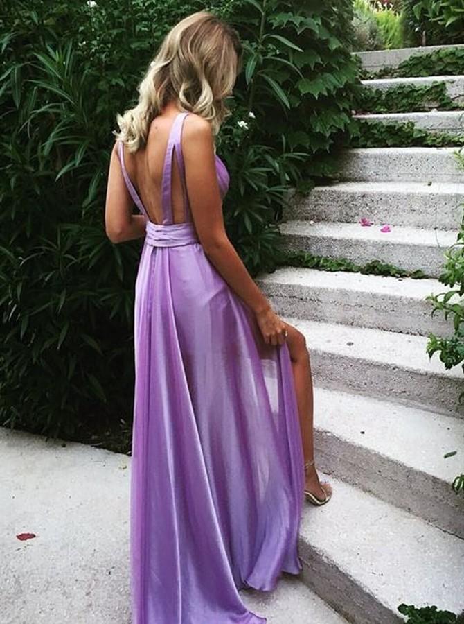 Vestido de fiesta sexy de satén de seda con escote en V profundo, corte A, espalda descubierta, plisado, Y1503