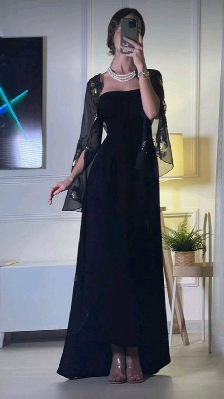 Elegante vestido de fiesta largo negro sin tirantes, corte A, vestido de noche formal Y7610