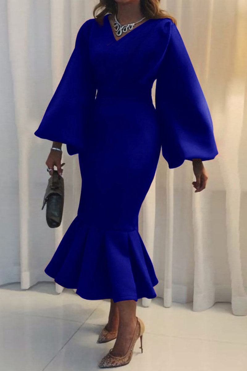 Elegant Solid Patchwork V Neck Evening Dress Dresses(4 Colors))