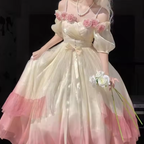 Vestido de fiesta de máscaras con flores rosas, vestido de novia floral degradado rosa champán, vestido de princesa vintage con perlas Y2401