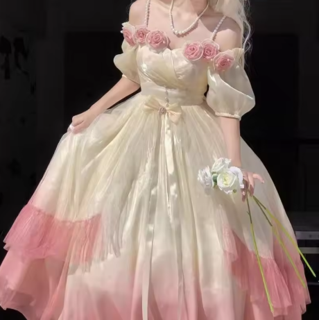 Vestido de fiesta de máscaras con flores rosas, vestido de novia floral degradado rosa champán, vestido de princesa vintage con perlas Y2401