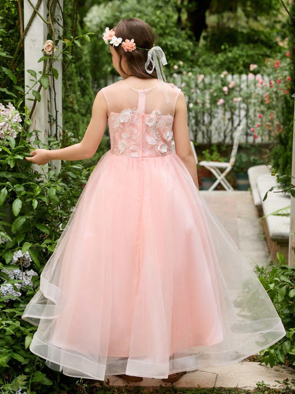 Duchesse-Linie/Princess-Linie Tüll Asymmetrisch Rosa Blumenmädchenkleid 