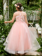 Duchesse-Linie/Princess-Linie Tüll Asymmetrisch Rosa Blumenmädchenkleid 