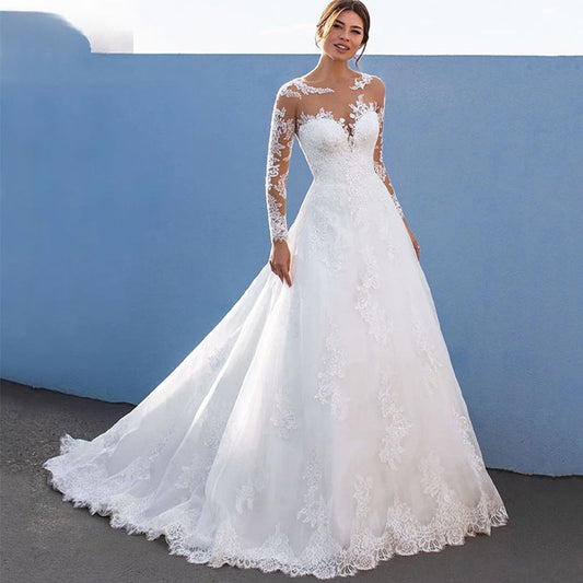 Elegant A-Line Wedding Dresses For Women Long Lace Sleeves With Appliques Bridal Gown Illusion Tulle vestidos de novia-payinti