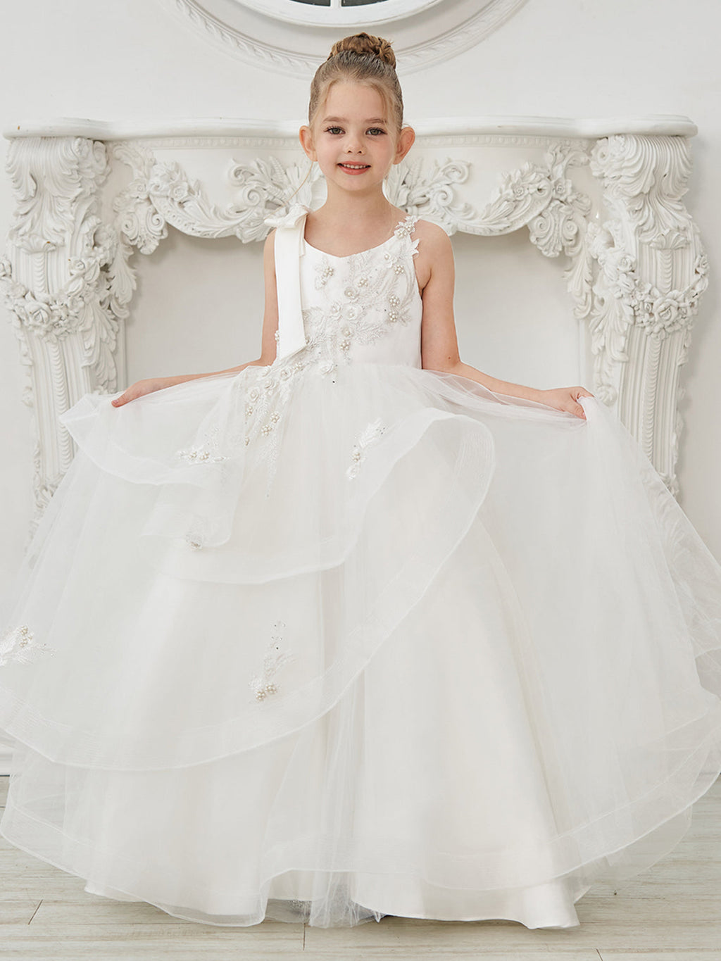 Ballkleid/Princess-Linie Tüll Bodenlang Erstkommunion Blumenmädchenkleid 