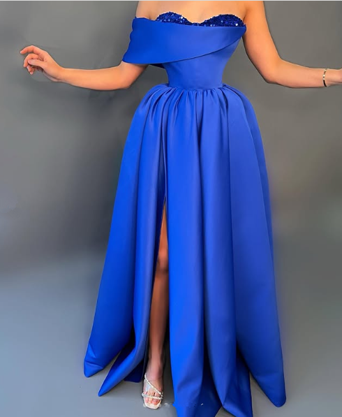 Elegante vestido de noche de satén azul con lentejuelas y hombros descubiertos, vestido formal de fiesta con abertura Y8531