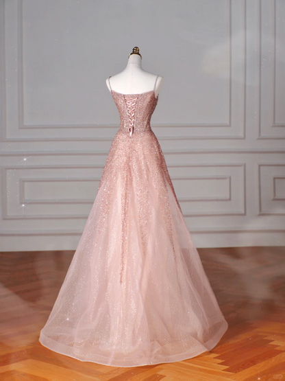 Vestido de fiesta de tul rosa brillante con lentejuelas y cuentas, tirantes finos, corte en A, Y8619